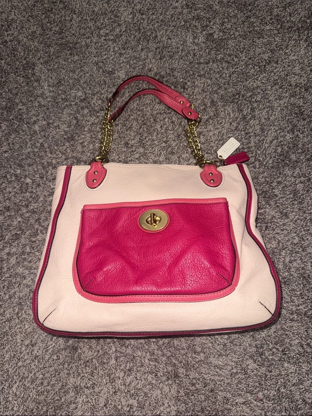 Coach Pink and Cream Leather Tote with Gold Chain Handles